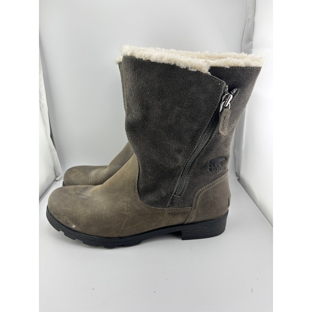 Sorel Slimpack Riding Gloss Waterproof Leather Suede Boots Grey Olive Women 8.5